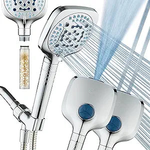 AquaCare 4X High Pressure 10 Spray Mode Filtered Showerhead - Handheld Shower Head Filters Chlorine to Heal Dry Skin, Revive Hair - Dual Power Wash Cleans Tub, Tile, Pets - Hard Water Softener, Chrome