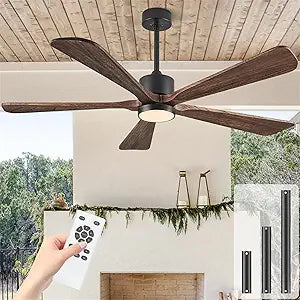 Ceiling Fans with Lights, 60 inch Outdoor Ceiling Fans with Lights for Patio and Remote Control, Modern Ceiling Fan with Light, 5 Solid Wood Blades 6-Speed Reversible DC Motor (Dark Brown)
