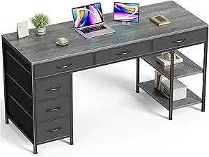Huuger Computer Desk with 6 Drawers, Office Desk with Shelves, Reversible Gaming Desk, Corner Desk with Storage, Work for Home Office, Study, Living Room, 54inch, Grey