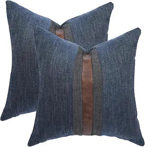 Set of 2 Leather Throw Pillow Covers Cotton Linen Decor Patchwork Pillow Cover Faux Leather Pillows Cover for Couch Sofa Living Room Bedroom,Navy Blue 20"x20"