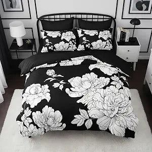 CCoutueChen Black White Floral Comforter Set Queen Size, Modern Botanical Bedding Set for French Country Bedroom Decor, 3 Pcs Soft Fluffy Microfiber Quilt with 2 Pillowcases/90 x90