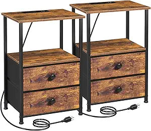 LOAKEKEL Night Stand Set 2, Nightstand with Charging Station, End Tables with Storage Shelf for Small Spaces, Bedside Table Side Tables with 2 Fabric Drawers for Bedroom, Rustic Brown, HETS020PBR