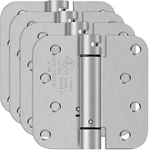 4 Inch Self Closing Door Hinges, 5/8" Radius Corners Spring Loaded Hinges for Exterior, Garage, Front and Back Door, UL Listed, for Left and Right Hand Door, Brushed Nickel, 4 Pack