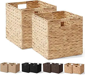 Water Hyacinth Storage Basket, Set of 2 Hand-Woven Wicker Baskets, Foldable Cube Storage Bins, Wicker Cube Laundry Organizer, Square Baskets for Organizing Shelves Decor, 12x12x12in
