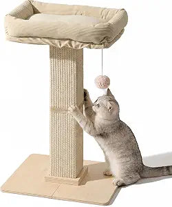 FUKUMARU Cat Scratching Post, Modern Style Tall Scratch Posts with Perch for Indoor Cats Adults, Large Cat Scratcher Tower with Bed, Small Tree with Raised Stand, Natural Sisal & Solid Wood