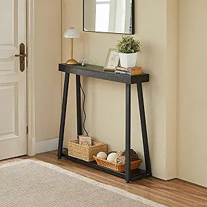 Narrow Small Entryway Console Table with Charging Station, Outlets&Ports, 36 Inch Thin High Tall Sofa Table for Entry Hallway, Living Room, Foyer, Behind Couch, Thick Metal Frame, Black