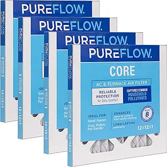 PUREFLOW Home Air Filter MERV 8, 12x12x1 Furnace Filter, 4 Layer High Efficiency Filtration for Dust, Smoke, Fumes, Pollutants (4-Pack)