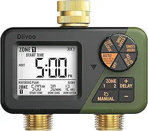 Diivoo Brass Sprinkler Timer 2 Zone, IP66 Waterproof Programmable Water Hose Timer 2 Outlet with Large Display, Rain Delay & Manual Watering for Outdoor Automatic Irrigation of Garden, Lawn, Yard