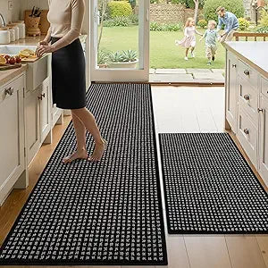 hicorfe Kitchen Runner Rugs Set of 2,Non Slip Absorbent Kitchen Mats for Floor,Stain Resistant Washable Kitchen Rugs Carpet for Hallways,Entryway,Laundry Room,Sink(24"x35"+24"x71",Black)