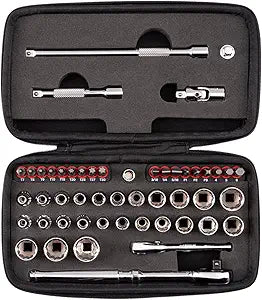 TEKTON 1/4 Inch Drive 12-Point Small Engine Shallow Socket, Bit, and Non-Quick-Release Ratchet Set with Case (50-Piece) | SKT07905