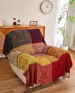 AIVIA Boho Throw Blanket, Chenille Jacquard Colorful Bohemian Chair Recliner Furniture Cover Aztec Hippie Throws Loveseat Sofa Blankets (60" x 75", Red Green Navy Yellow)