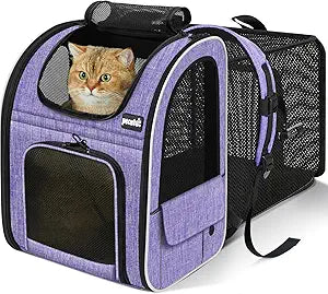 Pecute Cat Backpack Carrier Expandable, Pet Backpack for Cats & Small Dogs Up to 11lbs, with 4-Side Breathable Mesh, Multi-Entry & Lockable Zippers for Travel, Hiking, Camping - Hands Free, Purple