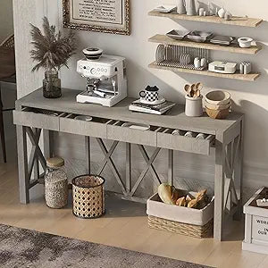 Farmhouse 60'' Console Table Sofa Table with 4 Spacious Drawers and Open Bottom Storage, Modern Crisscross Design Entryway Table for Living Room,Kitchen,Dining Room (Grey-X)