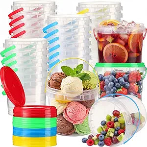24 Pack Plastic Fruit Buckets with Colored Lids Reusable Ice Cream Storage Containers Stackable Freezer Food Storage Kitchen Pails Deli Pantry Organizer for Soup Flour Drink(0.5 Gallon)