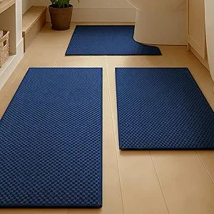 YIHOUSE Bathroom Rugs Sets 3 Piece Non Slip Washable, Absorbent Quick Dry Bath Mat Set with Toilet Mat, Weave Texture Low Profile Bath Rugs, Floor Mats for Bathroom, Tub & Shower, Dark Blue