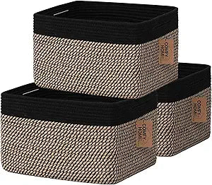 COMFY-HOMI 3PACK Cotton Rope Square Basket with Handles for Shelves|Dog Toy Bin and Storage|Baby Gift|Shoe Organizer|New 13.5" x 11" x 9.5" for Living Room (Black/Jute)
