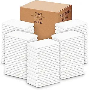Terry Bar Mop Towels - 60 Pack (14"x17") White Cotton Terry Cloths, Super Absorbent Cleaning Rags, Reusable Bar Mop Towels for Kitchen, Garage, Salon, Spa & Commercial Use