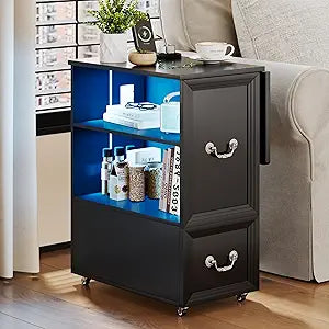 Dystler Side Table with Charging Station and LED Lights, 27.5" Tall Rolling End Table with Drawers and Shelves, Narrow Nightstand with Wheels for Small Space, Living Room, Bedroom, Black