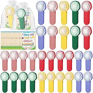 Fumete 30 Sets End of Year Student Gift Bulk Mini Portable Handheld Fan with Summer Gift Card Organza Bags Battery Powerful Small Fans for Classroom Prize Summer Graduation Party Favors