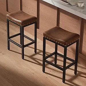Forteek Counter Height Bar Stools Set of 2,30 Inch, Industrial Vintage Bar Stool with Nailhead, Faux Leather Barstool with Footrest, Saddle Stool for Kitchen Island, Dining Room, Easy Assembly