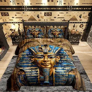 Erosebridal Gold Pharaoh Bedding Set 3D Pharaoh Print Comforter Set King for Teens Adults Women Men,Ancient Egypt Tribal Exotic Style Down Comforter Vintage Pharaoh Pyramid Duvet Insert,Blue