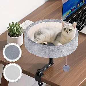 Chumajor Cat Desk Bed - 360 Rotating & Adjustable, Supports 50 lbs, Soft Faux Fur with Dual-Sided Reversible Mat, Modern Indoor Cat Nest Furniture for Office Desks and Game Tables, Island Table