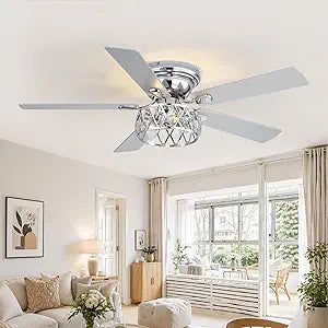 52 Inch Flush Mount Ceiling Fans with Lights and Remote, 5-Blade, 6-Speed Reversible DC Motor, Modern Low Profile Ceiling Fan Crystal Fandeliers for Bedroom Living Room Kitchen (Chrome)