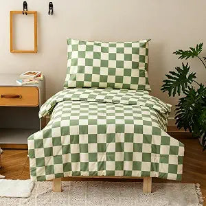 KAREVER Grid Toddler Bedding Set Green White Checkered 4 Pieces Crib Bed Set Kids Pliad Comforter Set
