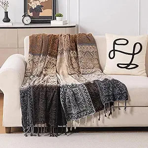 Boho Throw Blanket, Chenille Jacquard Tassels Throw Blankets for Bed Couch Soft Chair Bohemian Fringe Tassels (Black, S:60x75)