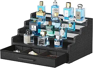4 Tier Cologne Organizer for Men, Black Wooden Perfume Organizer with Drawer Storage, Perfume Display Shelf for Cologne, Watch, Grooming and Figures, Perfect Birthday/Easter Gift for Lovers & Fathers