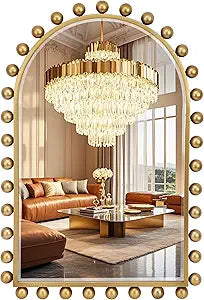 24x36 Inch Arched Wall Mirror with Antique Gold Ball Frame, Beveled Arched Decorative Wall Mirror, Vintage Gold Accent Mirror for Living Room, Entryway, Bedroom, Hallway & Over Console Decor