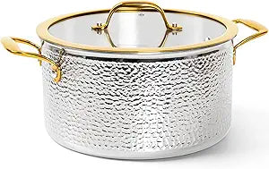 Michelangelo Triply Stainless Steel Stock Pot with Lid, Luxury Hammered Stainless Steel 6 Quart Pot with Lid & Golden Handle, Premium Induction Stockpot - 6QT