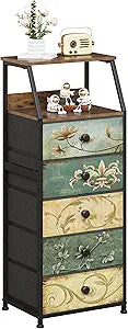 Tohomeor Nightstand with Fabric Drawers Dresser with 2 Tier Shelf Storage Tower for Bedroom Hallway Entryway Closet Organizer Sofa Beside Table Furniture (Multi, 5 Drawers)