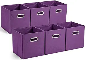 6 Pack Storage Bins, 10.4 x 10.4 x 11 Inch Foldable Fabric Storage Cubes with Metal Handles for Shelves, Closet, Clothes, Toy(Dark Purple)