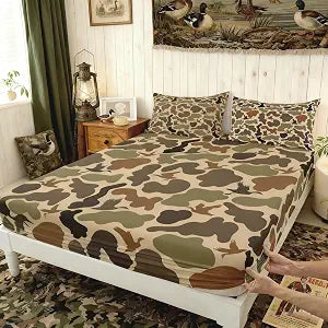 Army Green Camo Bedding Set Full Size,Duck Silhouette Bed Cover for Kids Teens Men Adult Room Decor,Hunting Camouflage Brown Fitted Sheet 3Pcs,Hunt Wild Animals Deep Pocket Sheet,2 Pillowcases