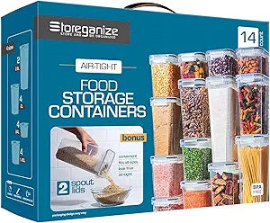 14 PCS Airtight Food Storage Containers with Lids set, BPA Free Leak-proof Kitchen and Pantry Organization Canisters for Cereal, Pasta, Dry Food, Flour Sugar, Stackable, Free Label, Marker, Scoop
