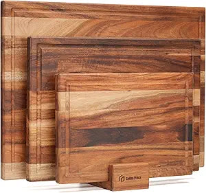 Non Toxic Acacia Wood Cutting Board Set with Stand | 3 Pcs Knife-Friendly Non-Slip Wooden Cutting Boards for Kitchen | 0.7Thick Butcher Block | Solid Chopping Boards with Juice Groove