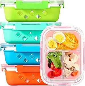 5 Pack Glass Meal Prep Containers 3 Compartment with Lids, Divided Glass Storage Containers with Silicone Sleeve for Lunch, Leak-Proof Portion Control Food Containers, Dishwasher Safe, 34 oz
