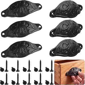 6 Pack 4.5 Inch Rustic Black Cast Iron Drawer Pulls Vintage Cabinet Cup Bin Pull 3.8" Hole Center Decorative Knob and Handle Hardware for Dresser Closet Door Drawer Farmhouse Kitchen Cabinet