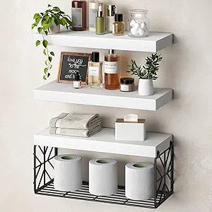 RALGEND Bathroom Shelves Over Toilet Set of 3, 15.7" White Floating Shelves for Wall Storage, 1.5" Thick Hanging Shelf, Farmhouse Wall Decor for Bathroom Living Room, Kitchen, White 4001BJWT