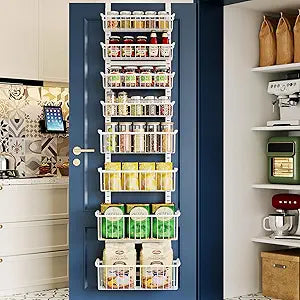 Over The Door Pantry Organizer, 8-Tier Over The Door Organizer with Adjustable Baskets, Metal Hanging Spice Rack for Pantry Organizers and Storage, Suitable for Kitchen Laundry Room & Bathroom, White