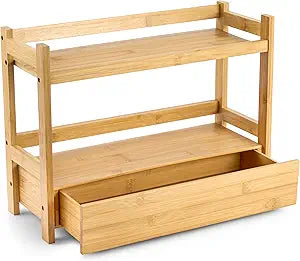 Sorbus Bamboo Bathroom Counter Organizer  2-Tier Shelf with Hidden Drawer for Vanity, Matcha Station, Bathroom Sink Organizer Countertop, Kitchen & Office Storage (17 L x 6.5 W x 12.6 H)