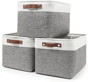 Bagnizer Storage Bins Large Fabric Storage Baskets for Shelves 3 Pack, Decorative Linen Closet Baskets with Handles for Organizing, Shelf, Clothes, Home, Office, 15x11x9.5Inches (Grey&White)