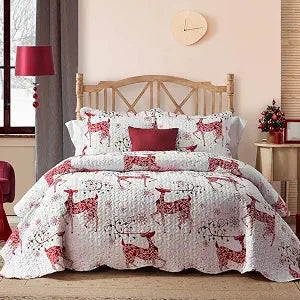 Hansleep Christmas Bedspread King Size, Red Reindeer Quilt Bedding Set