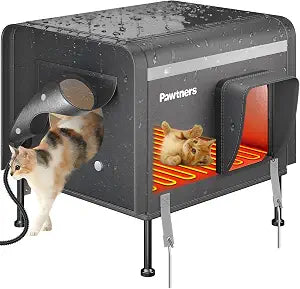 Pawtners Heated Outdoor Cat House for Outside Cats, 19'' Large Insulated Weatherproof Cat Shelter with Heated Pad, Elevated Feet & Escape Door, Warm Kitty House for Feral or Stray Cats in Winter
