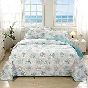 SUCSES 100% Cotton Coastal Quilts 3 Pieces Queen Lightweight Comfortable Quilt Turquoise Ocean Coral Bedspread Coverlet with 2 Shams for Beach Themed Dedroom All Season