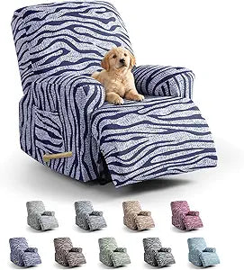 VANSOFY 4-Piece Stretch Recliner Chair Covers, Non-Slip Zebra Stripe Recliner Slipcovers with Elastic Bottom, Washable Furniture Protector for Pet Kids Friendly (1 Seater, Dark Blue)