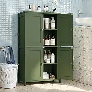 Vongrasig Bathroom Storage Cabinet, Modern Floor Cabinet with Storage, Adjustable Shelves, Freestanding Cabinet for Bthroom, Living Room, Entryway, Green