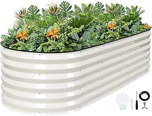 G GOOD GAIN Raised Garden Beds - 6x2x1.4ft Galvanized Planter Boxes Kit with Protective Tape & Gloves & Tools | Oval Metal Outdoor Raised Bed for Gardening Vegetables, Fruits, Flowers, Herbs, White