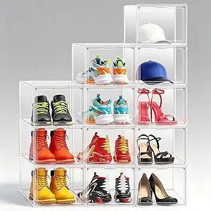 12 Pack Clear Shoe Storage Boxes Stackable, Large Sneaker Organizer with Acrylic Magnetic Door, Plastic Drop Front Shoe Containers for Men up to Size 12.5, Transparent Shoe Organizer for Closet